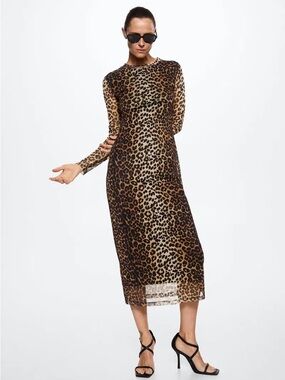 Mango Leopard Print Mesh Long Sleeve Midi Dress -